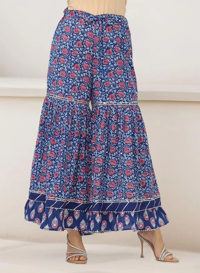 ISHIN Women's Navy 100% Cotton Embroidered Tunic Full Length Palazzo Straight Fit Kurta Set