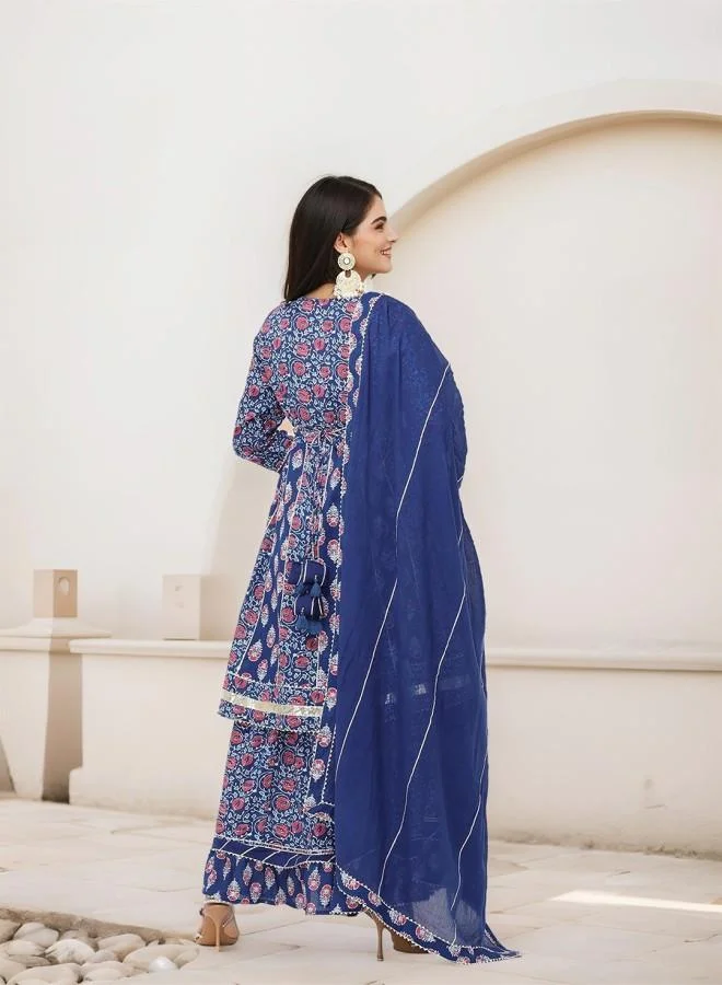 ISHIN Women's Navy 100% Cotton Embroidered Tunic Full Length Palazzo Straight Fit Kurta Set