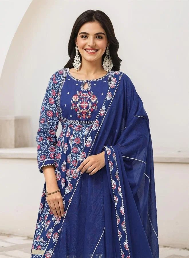 ISHIN Women's Navy 100% Cotton Embroidered Tunic Full Length Palazzo Straight Fit Kurta Set