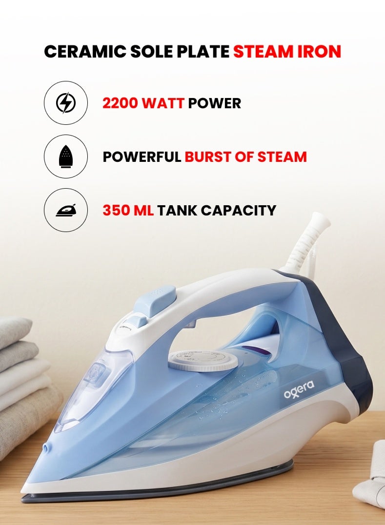 Ogera Steam Iron 2200W | Ceramic Soleplate | Anti-Drip Function | Vertical Steam | Smart Auto Shut-Off | Powerful & Smooth Ironing Performance | 2-Year Warranty | OG51SI | Blue - Image 1