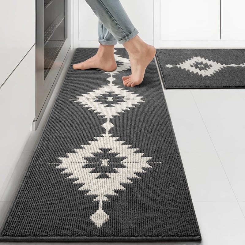 UNIBATH Farmhouse Kitchen Rugs Sets of 2, Grey Kitchen Mat Set for Floor Non-Slip Washable, Absorbent Resist Dirt Polypropylene Large Long Runner Rug, Western Boho Rug for Sink, 24x35+24x59 - Image 1