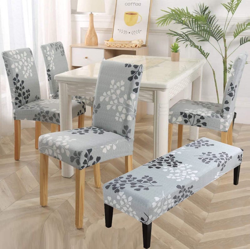 HAPPYDOG Stretch Dining Chair Covers Removable Washable Spandex Slipcovers for High Chairs 4PCSSet 1 PCS Bench Cover Grey Leaves - Image 2