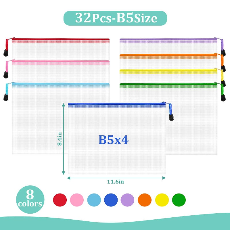VVCOIIROEI 32pcs Mesh Zipper Pouch Bags, B5 Mesh Pouch, 8 Colors Zipper Pouches for Organizing, Puzzle Storage Bags, School Office Organize - Image 2