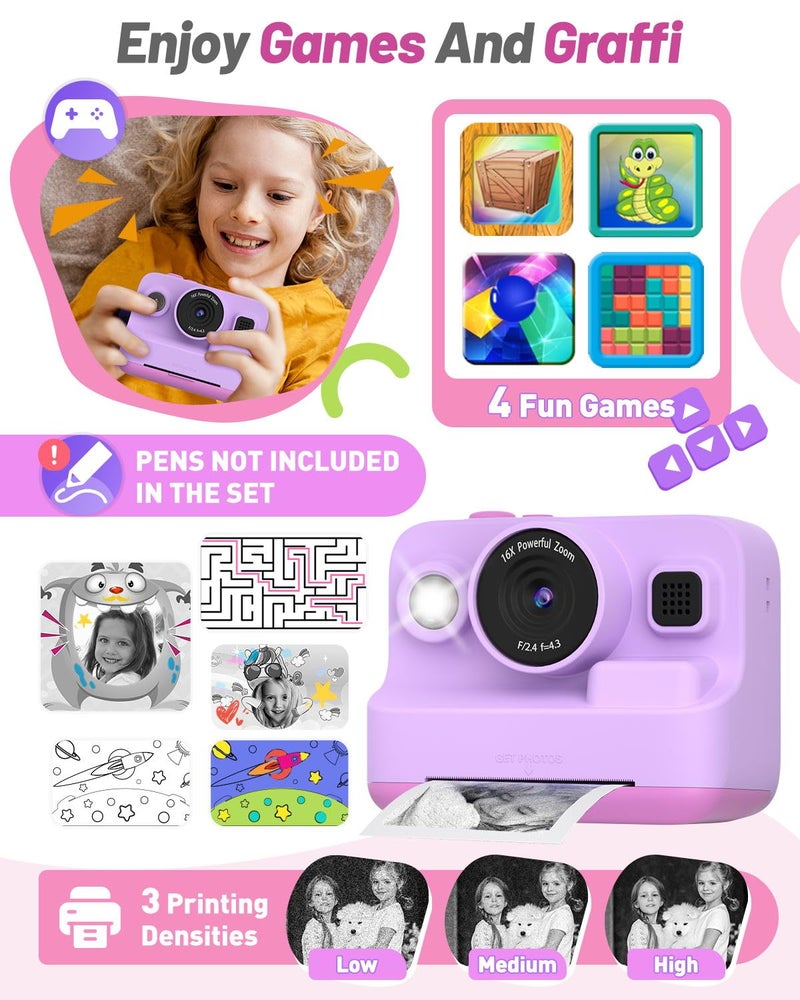 Yehtta Instant Print Camera for Kids, Christmas Birthday Gifts for 3-12 Year Old Girls Boys, 2.4in Screen 1080P Video Digital Camera Toys for Kids Age 4 5 6 7 8 9 10 with 3 Rolls Print Paper 32G Card - Image 5
