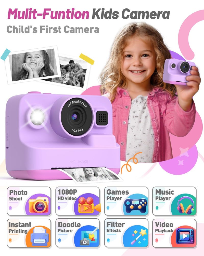 Yehtta Instant Print Camera for Kids, Christmas Birthday Gifts for 3-12 Year Old Girls Boys, 2.4in Screen 1080P Video Digital Camera Toys for Kids Age 4 5 6 7 8 9 10 with 3 Rolls Print Paper 32G Card - Image 2