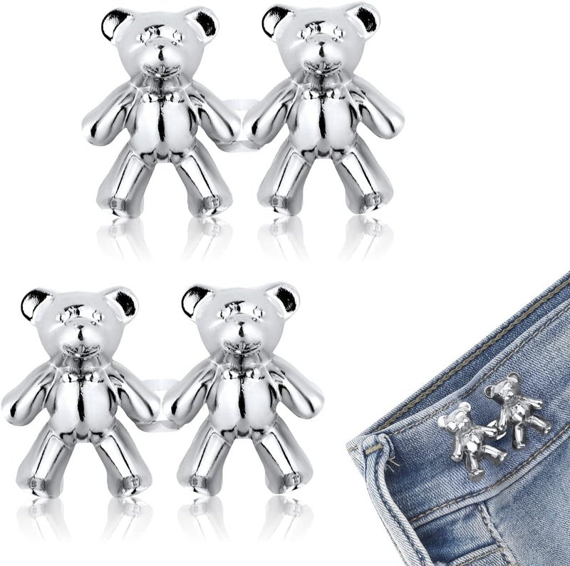 HEAVY DRIVER® 2pcs Cute Bear Button Pins for Jeans Adjustable Teddy Bear Button Pins Waist Buckle for Loose Jeans Pants, Detachable Buttons for Jeans Waist Buckle No Need Sewing Waist Tightener Clip (Bear Silver) - Image 1