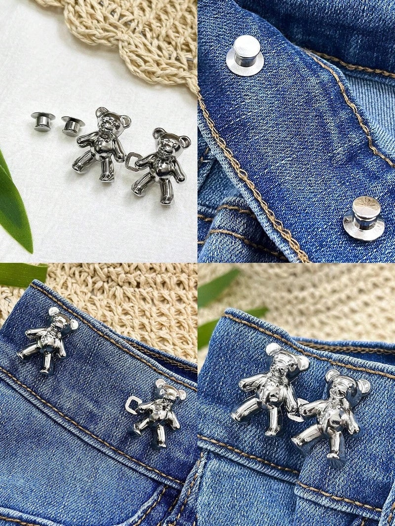 HEAVY DRIVER® 2pcs Cute Bear Button Pins for Jeans Adjustable Teddy Bear Button Pins Waist Buckle for Loose Jeans Pants, Detachable Buttons for Jeans Waist Buckle No Need Sewing Waist Tightener Clip (Bear Silver) - Image 2
