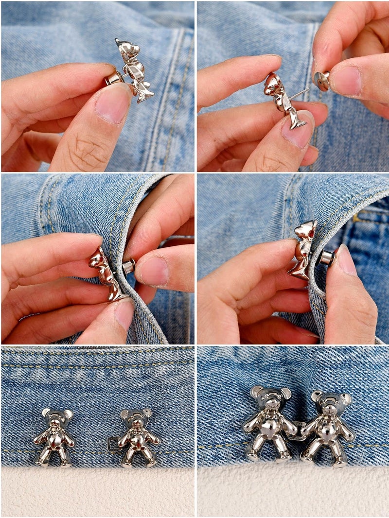 HEAVY DRIVER® 2pcs Cute Bear Button Pins for Jeans Adjustable Teddy Bear Button Pins Waist Buckle for Loose Jeans Pants, Detachable Buttons for Jeans Waist Buckle No Need Sewing Waist Tightener Clip (Bear Silver) - Image 3