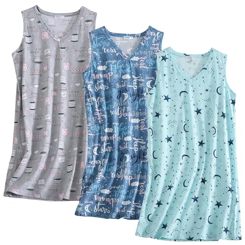 PNAEONG 3 Pack Womens Cotton Nightgown V Neck Nightshirts Sleeveless Sleepwear Casual Print Sleepdress Good Night+Star+Coffee,M - Image 1