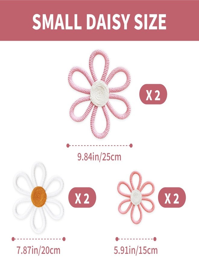 cntjv 6 Pcs Boho Daisy Wall Decor Pink Floral Macrame Wall Hanging Set 3 Mixed Size Cute Small Flower Art or Home Girls Room Nursery Classroom (Classic Pink) - Image 2