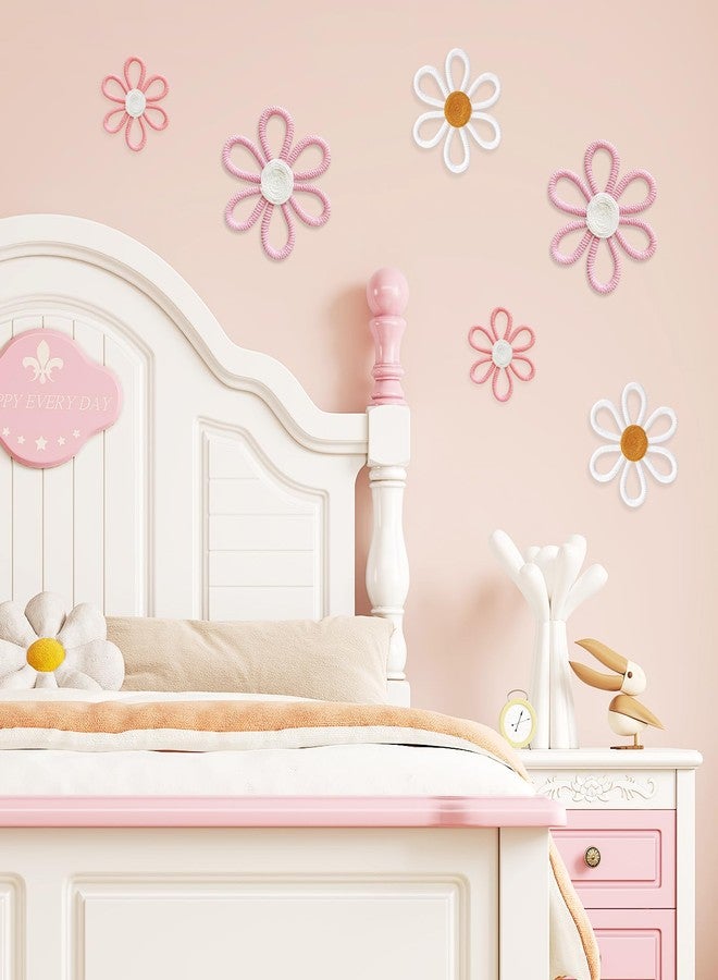 cntjv 6 Pcs Boho Daisy Wall Decor Pink Floral Macrame Wall Hanging Set 3 Mixed Size Cute Small Flower Art or Home Girls Room Nursery Classroom (Classic Pink) - Image 4