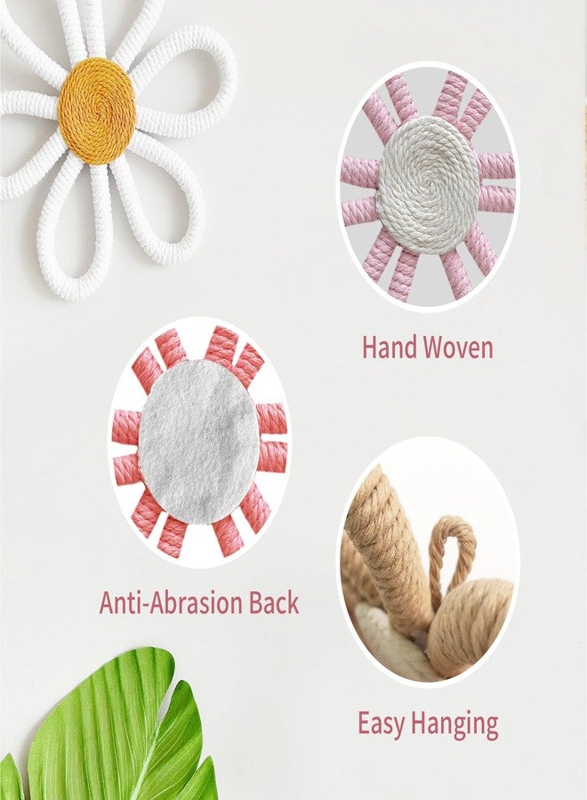 cntjv 6 Pcs Boho Daisy Wall Decor Pink Floral Macrame Wall Hanging Set 3 Mixed Size Cute Small Flower Art or Home Girls Room Nursery Classroom (Classic Pink) - Image 3