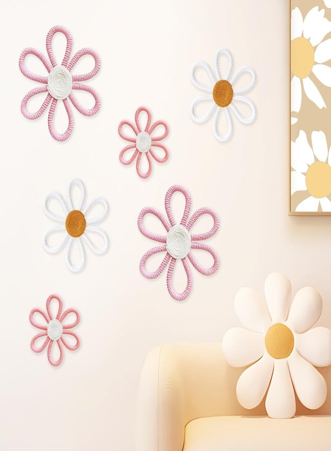 cntjv 6 Pcs Boho Daisy Wall Decor Pink Floral Macrame Wall Hanging Set 3 Mixed Size Cute Small Flower Art or Home Girls Room Nursery Classroom (Classic Pink) - Image 1