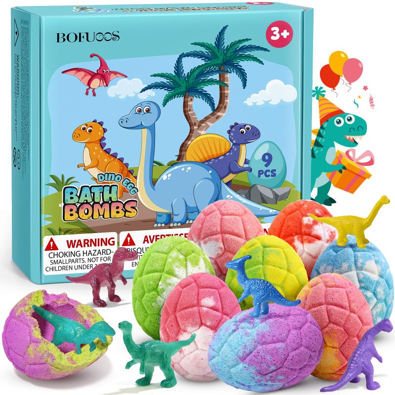 Bofuoos Dinosaur Bath Bombs for Kids with Surprise Inside, Easter Baskets Stuffers Gifts for Kids, 9 Pack Natural Organic Kid Bubble Bath Fizzy for Girls Boys with Bath Toys Inside - Image 1