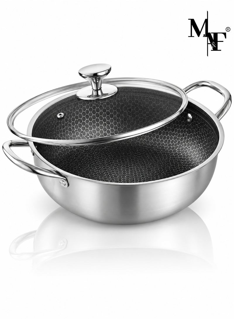 M.A&F's Stainless Steel Saute Pan, 30CM Deep Frying Pan, Cookware with Lid, Nonstick Honeycomb Cooking Pot with Handles, Large Kadai Skillet, Wok Pan Compatible with All Cooktops, Dishwasher Safe - Image 1