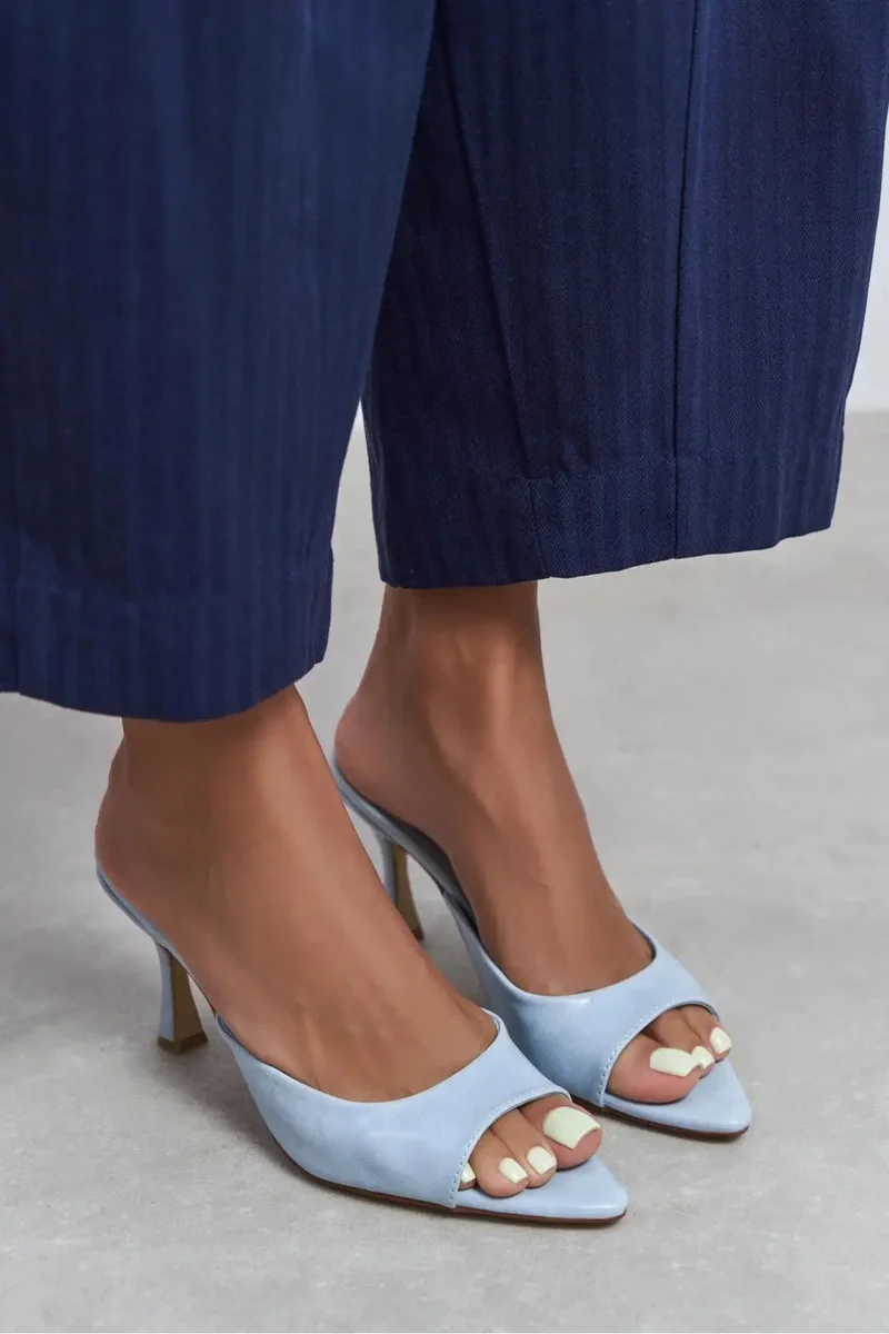 Nisantasi Shoes  Fenrir Rustic Patterned Pointed Toe Slim Heel Mules — Baby Blue for Women | Best Price UAE