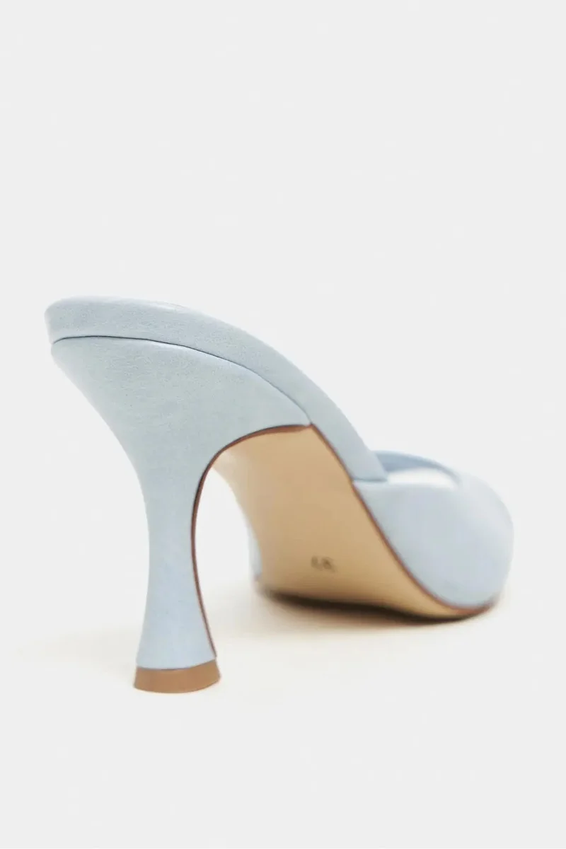 Nisantasi Shoes  Fenrir Rustic Patterned Pointed Toe Slim Heel Mules — Baby Blue for Women | Best Price UAE