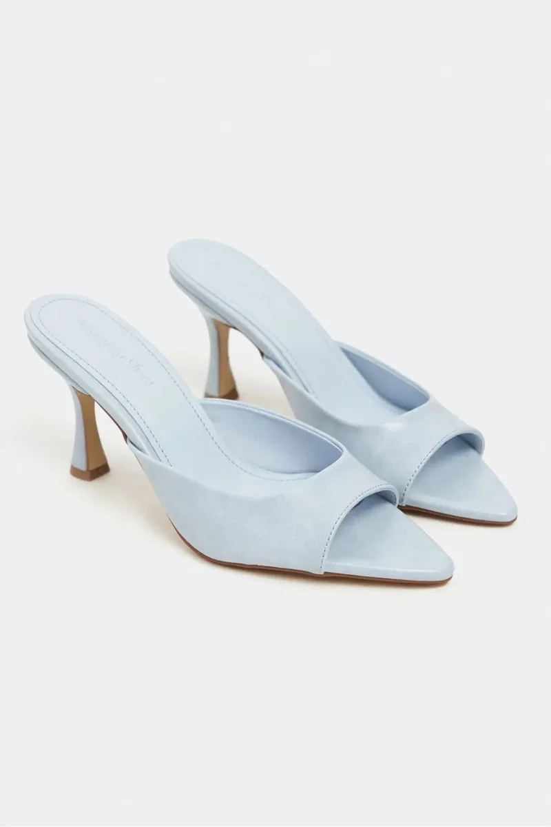 Nisantasi Shoes  Fenrir Rustic Patterned Pointed Toe Slim Heel Mules — Baby Blue for Women | Best Price UAE