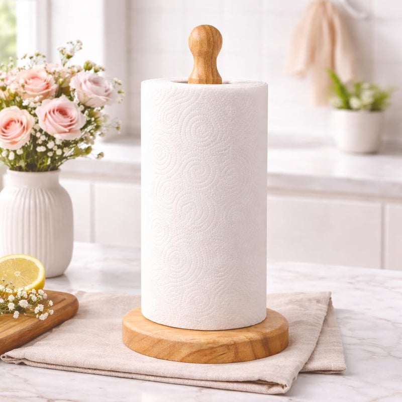 Wooden Paper Towel Holder Freestanding Kitchen Countertop Paper Towel Stand with Round Stable Base, Decorative Wood Paper Roll Holder for Home, Bathroom, Office and Dining Table - Image 1