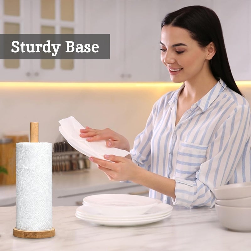 Wooden Paper Towel Holder Freestanding Kitchen Countertop Paper Towel Stand with Round Stable Base, Decorative Wood Paper Roll Holder for Home, Bathroom, Office and Dining Table - Image 5