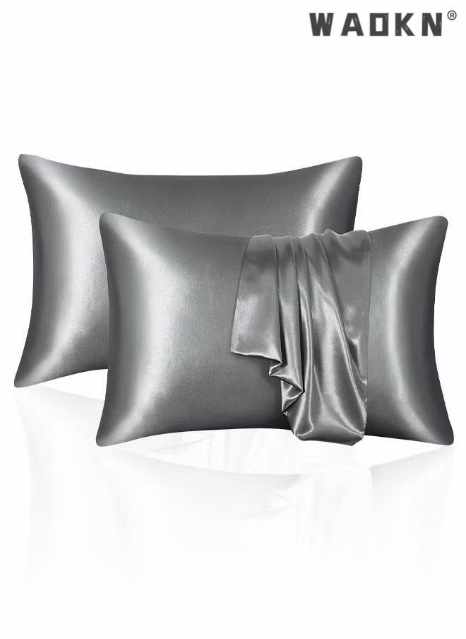 WAOKN 2-Piece Silk Pillowcase for Hair and Skin,- Allergen Resistant Dual Sides,Soft,Breathable and Sliky Silk Pillowcases King Set of 2,Silk Pillow Cases with Hidden Zipper,Soft Breathable (51*102CM,Grey)  - Image 1