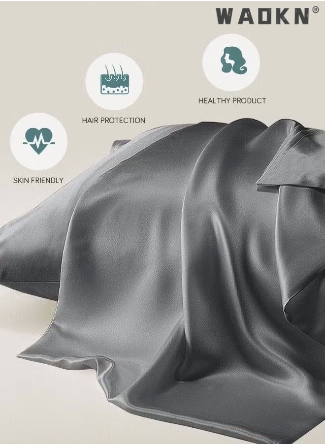 WAOKN 2-Piece Silk Pillowcase for Hair and Skin,- Allergen Resistant Dual Sides,Soft,Breathable and Sliky Silk Pillowcases King Set of 2,Silk Pillow Cases with Hidden Zipper,Soft Breathable (51*102CM,Grey)  - Image 2