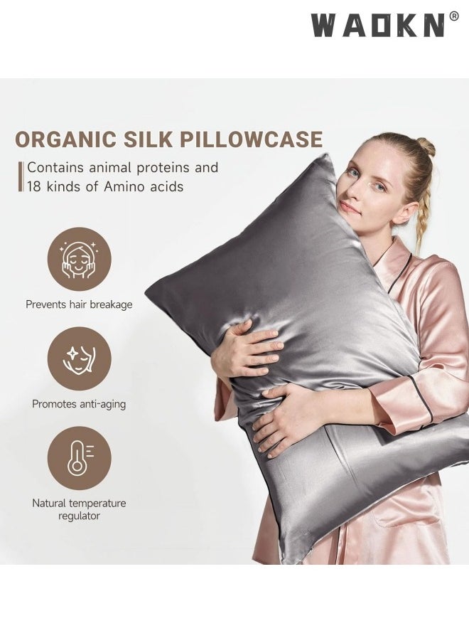 WAOKN 2-Piece Silk Pillowcase for Hair and Skin,- Allergen Resistant Dual Sides,Soft,Breathable and Sliky Silk Pillowcases King Set of 2,Silk Pillow Cases with Hidden Zipper,Soft Breathable (51*102CM,Grey)  - Image 5