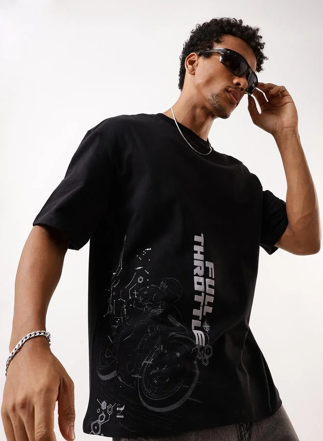 HIGH STAR Men's Black 100% Cotton Printed Relaxed T-Shirt