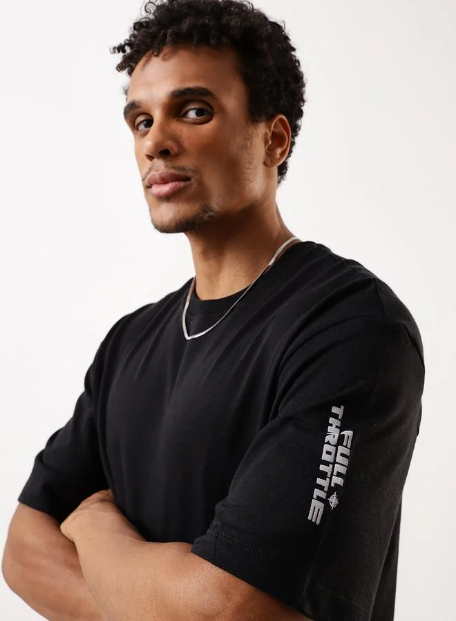 HIGH STAR Men's Black 100% Cotton Printed Relaxed T-Shirt