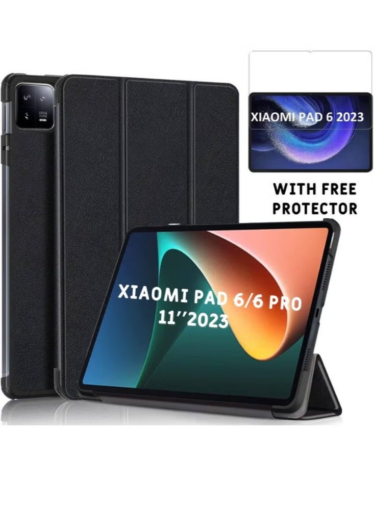 Dreamzon Protective Tri fold Slim Lightweight Hard Shell Smart Cover With Tempered Glass Screen Protector For Xiaomi Pad 6/6 Pro 11 inch Released 2023 Black