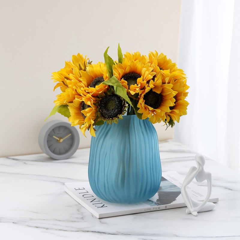 JAKY Global Frosted Blue Ribbed Glass Vase 12in Boho Elegant Decorative Vases for Home Flowers Arrangements  Centerpieces  Dinner Table and Modern Decor - Image 2