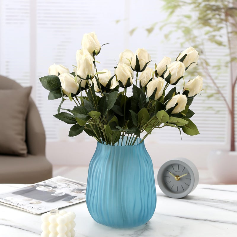 JAKY Global Frosted Blue Ribbed Glass Vase 12in Boho Elegant Decorative Vases for Home Flowers Arrangements  Centerpieces  Dinner Table and Modern Decor - Image 4