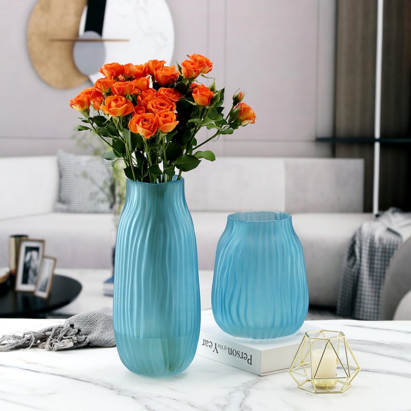 JAKY Global Frosted Blue Ribbed Glass Vase 12in Boho Elegant Decorative Vases for Home Flowers Arrangements  Centerpieces  Dinner Table and Modern Decor - Image 3