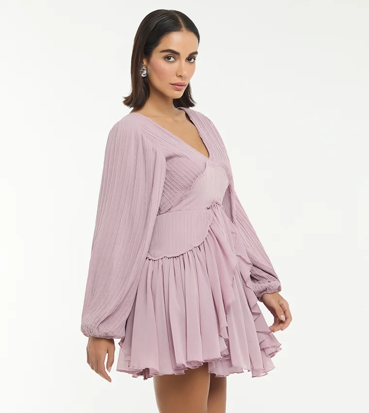 بي سي بي جي BCBG PLEATED MINI DRESS WITH RUFFLES