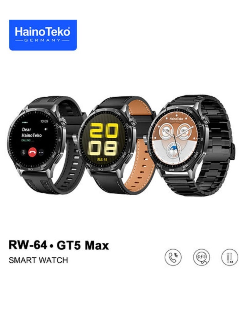 Haino Teko Smart Watch GT5 Max Round Screen AMOLED Display with 3 Pair Straps and Wireless Charger Black - Image 1