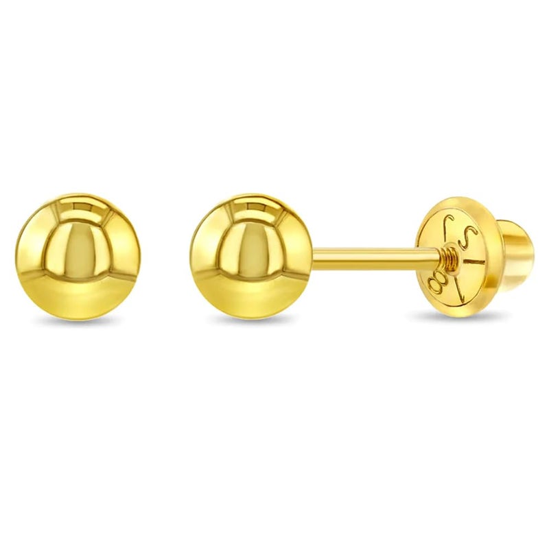 In Season Jewelry أقراط أمان ذات برغي خلفي كلاسيكي كروية 5 مم من الذهب الأصفر عيار 18 قيراط للفتيات الصغيرات والمراهقات - أقراط كروية من الذهب عيار 18 قيراط خالدة ورائعة - آمنة 100% للأذان الحساسة - Image 1