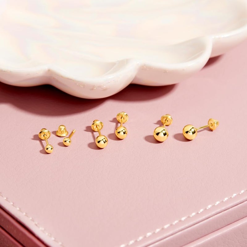 In Season Jewelry أقراط أمان ذات برغي خلفي كلاسيكي كروية 5 مم من الذهب الأصفر عيار 18 قيراط للفتيات الصغيرات والمراهقات - أقراط كروية من الذهب عيار 18 قيراط خالدة ورائعة - آمنة 100% للأذان الحساسة - Image 5