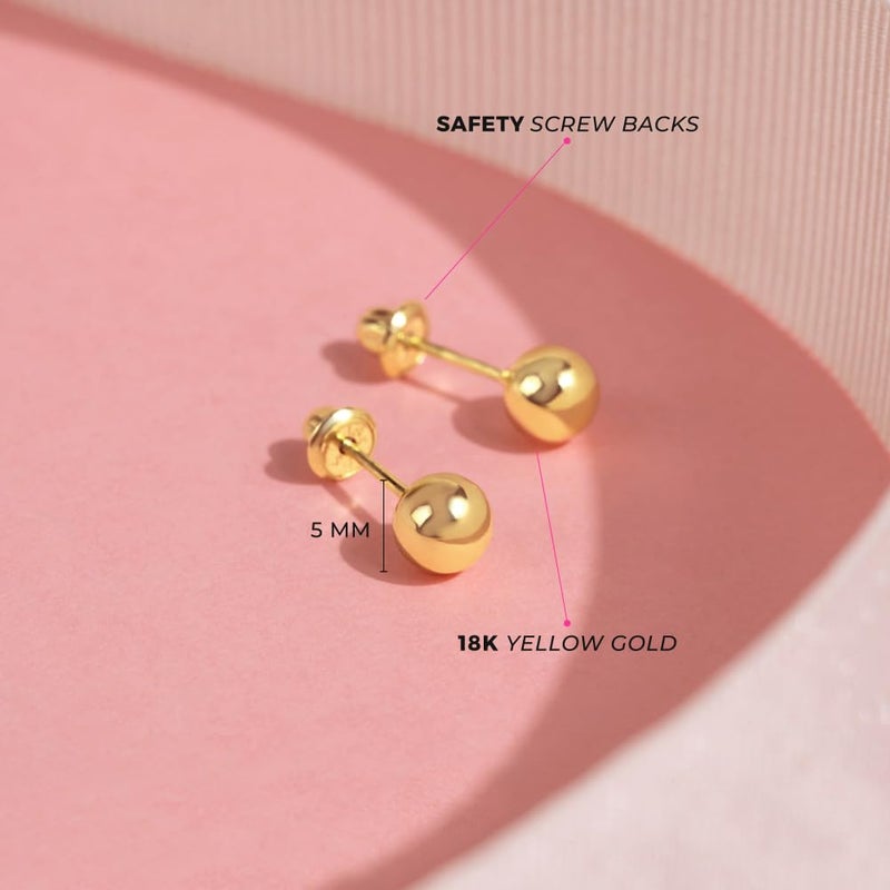 In Season Jewelry أقراط أمان ذات برغي خلفي كلاسيكي كروية 5 مم من الذهب الأصفر عيار 18 قيراط للفتيات الصغيرات والمراهقات - أقراط كروية من الذهب عيار 18 قيراط خالدة ورائعة - آمنة 100% للأذان الحساسة - Image 4