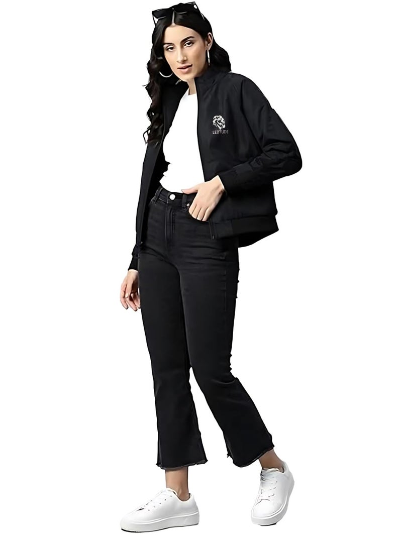 LEOTUDE Women's Wind Cheater Water Resistant Loose Fit Jacket With Zipper Side Pocket(GRL_JKT15_MODEL_P_Black_M) - Image 4