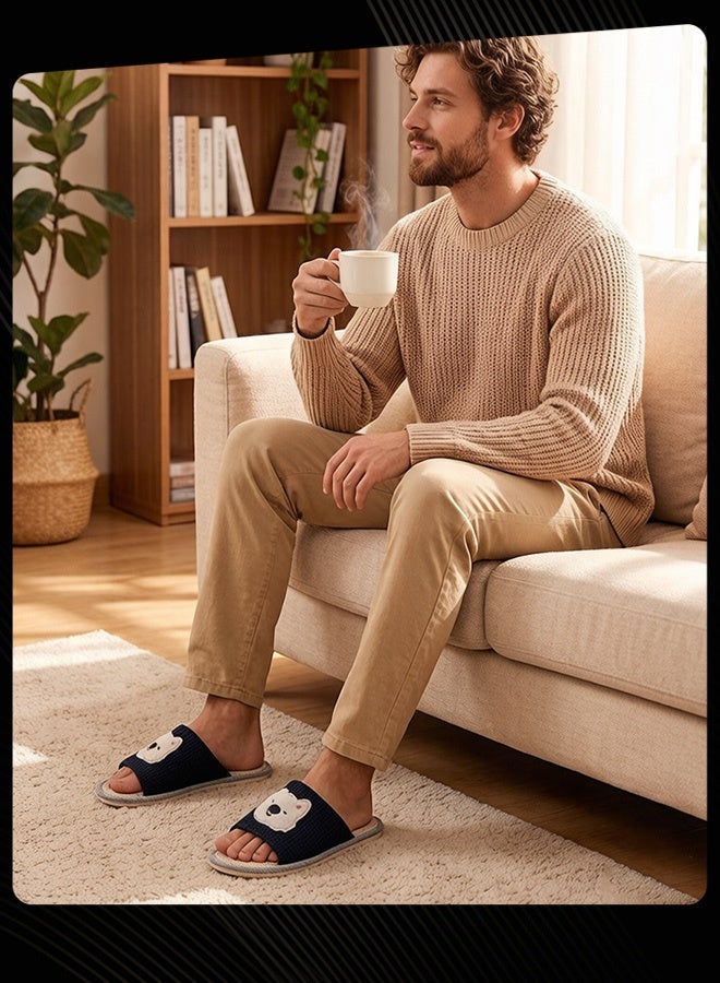 Joychic Men Spring Summer Non Slip Indoor Slippers Soft Cushioned Floor Shoes with Playful Animal Embroidery for Home Living Room Bedroom Daily Wear Dark Blue with Grey Trim - Image 3