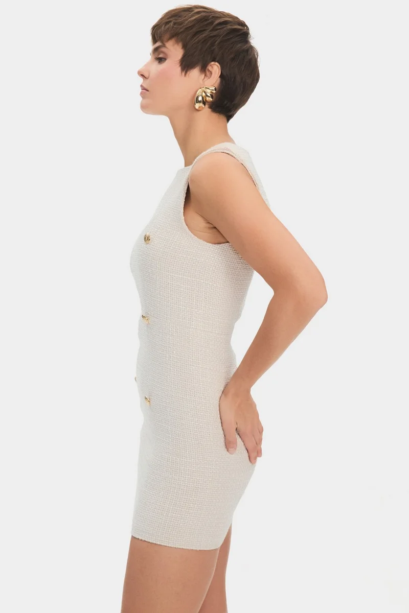 جون Women's Cotton Blend Square Neck Thick Strap Button Detailed Tweed Mini Dress