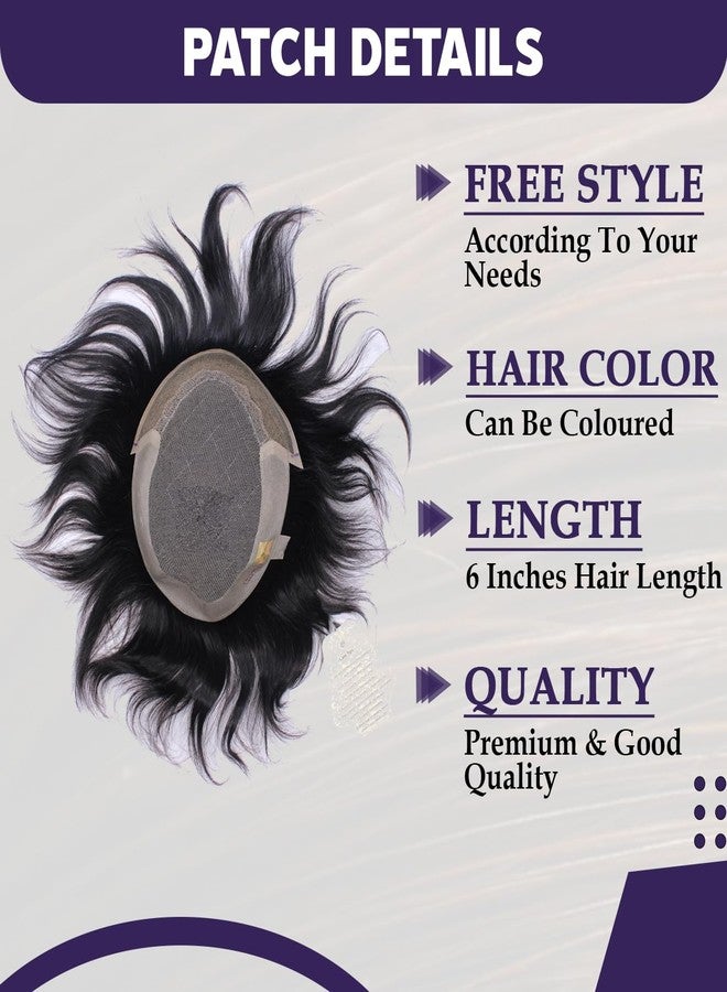 GLAN Human Hair Patch Toupee Wigs Hair Pieces Hair Replacement Systems For Men and Boys to Cover Up Baldness Area with Small Yellow Tape and Extension Clips Natural Black Brown Pack of 1 (Front Lace Patch, 9*6) - Image 1