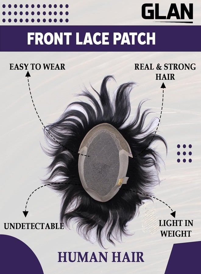 GLAN Human Hair Patch Toupee Wigs Hair Pieces Hair Replacement Systems For Men and Boys to Cover Up Baldness Area with Small Yellow Tape and Extension Clips Natural Black Brown Pack of 1 (Front Lace Patch, 9*6) - Image 2