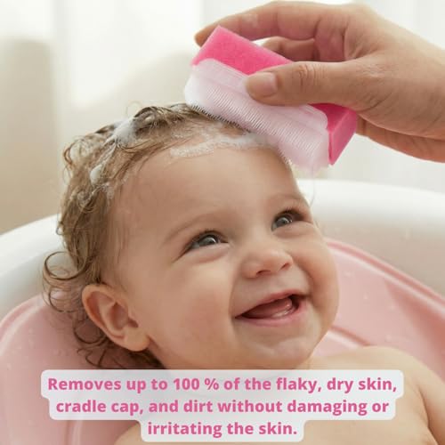 Xforto Cradle Cap Brush and Sponge Set for Baby - Bath Essentials for Newborns | Treatment Comb | Baby Bath Sponges (5-Pack Pink) - Image 2