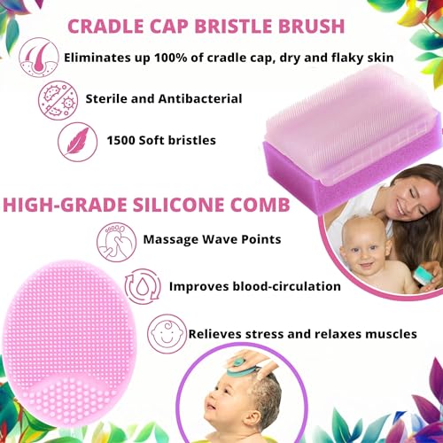 Xforto Cradle Cap Brush and Sponge Set for Baby - Bath Essentials for Newborns | Treatment Comb | Baby Bath Sponges (5-Pack Pink) - Image 4
