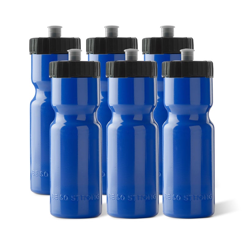 50 Strong Sports Water Bottles 6-Pack â€“ Reusable 22 oz BPA-Free Plastic Bottles with Pull Top Cap â€“ Made in USA â€“ Top Rack Dishwasher Safe â€“ Fits Most Bike Cages Brand - Blue - Image 1