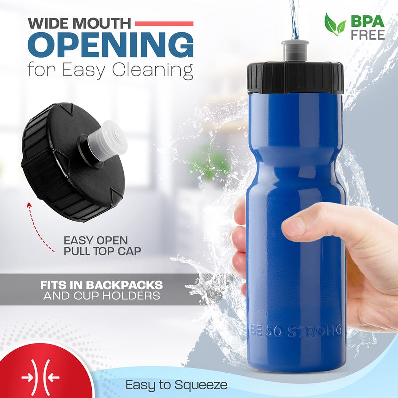 50 Strong Sports Water Bottles 6-Pack â€“ Reusable 22 oz BPA-Free Plastic Bottles with Pull Top Cap â€“ Made in USA â€“ Top Rack Dishwasher Safe â€“ Fits Most Bike Cages Brand - Blue - Image 2