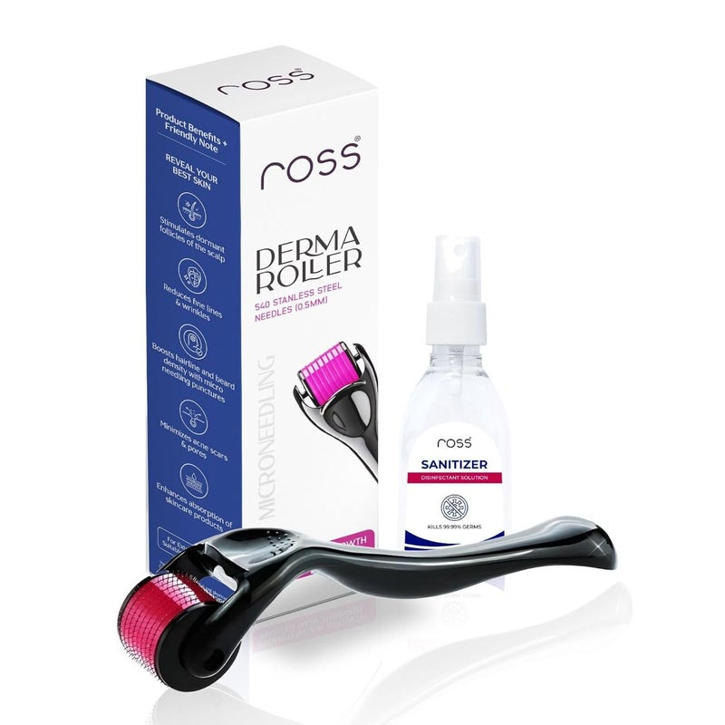 ROSS Derma Roller 0.5mm with 540 Stainless Steel Needles – Microneedling Tool for Hair Growth & Thickening, Beard Growth, Skin Repair, Acne Scar Reduction, Fine Line Reduction & Better Skincare Absorption (Black) - Image 1