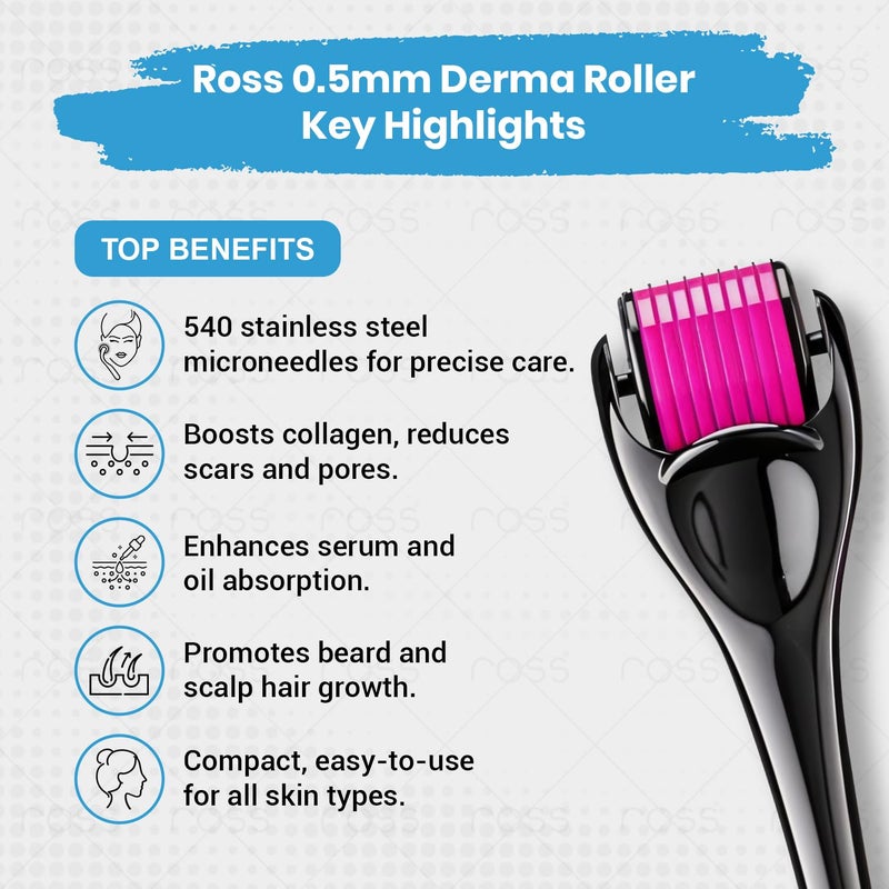 ROSS Derma Roller 0.5mm with 540 Stainless Steel Needles – Microneedling Tool for Hair Growth & Thickening, Beard Growth, Skin Repair, Acne Scar Reduction, Fine Line Reduction & Better Skincare Absorption (Black) - Image 2