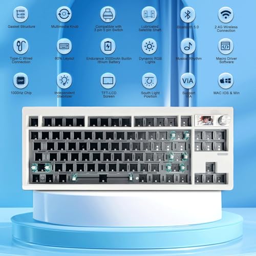 ZUOYA GMK87 TKL Mechanical Keyboard Kit with TFT Screen&Knob,BT5.0/2.4Ghz/Type C Tri Mode Barebones Keyboard VIA Programmable RGB HotSwap Gasket Mount Custom Barebones DIY Kit for Win/Mac (White) - Image 2